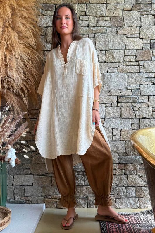 Tasha Cushion Cotton Oversized Shirt Tunic Vanilla